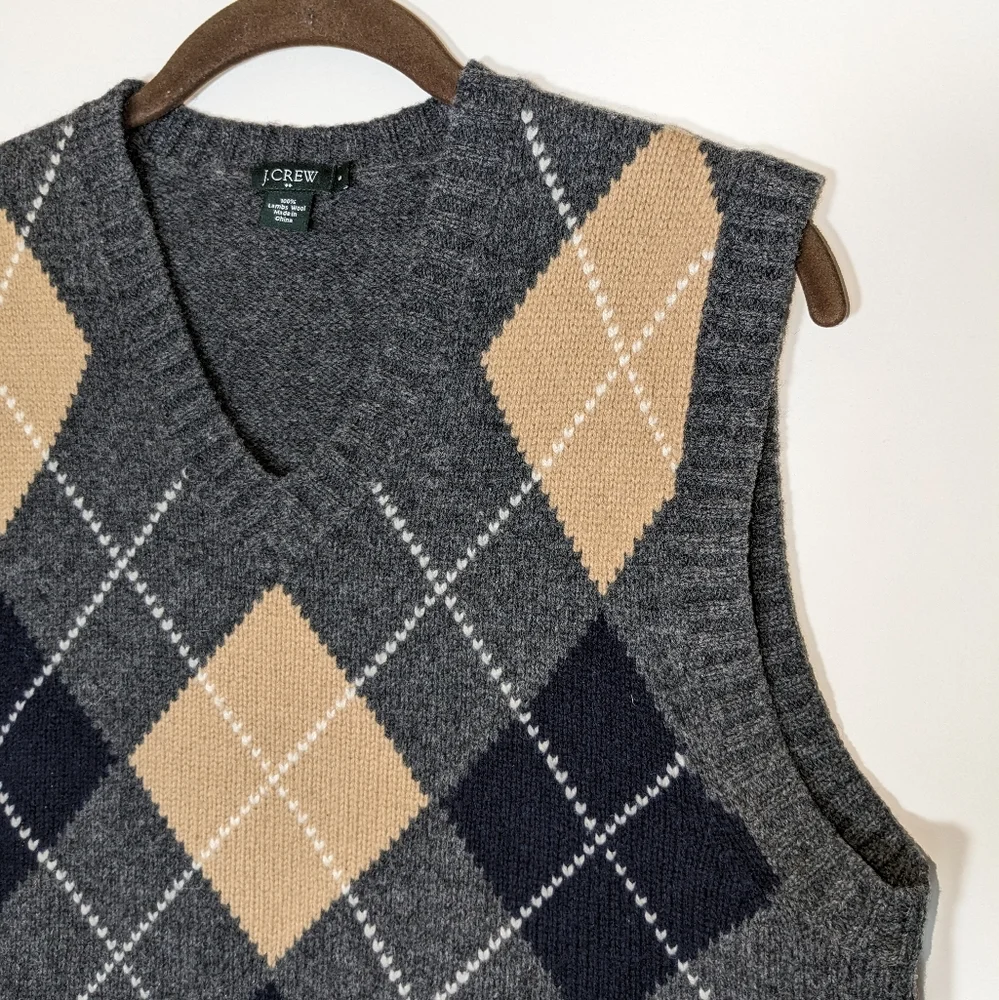 J. Crew Men's V-Neck Argyle Sweater Vest in Gray, Tan, Black